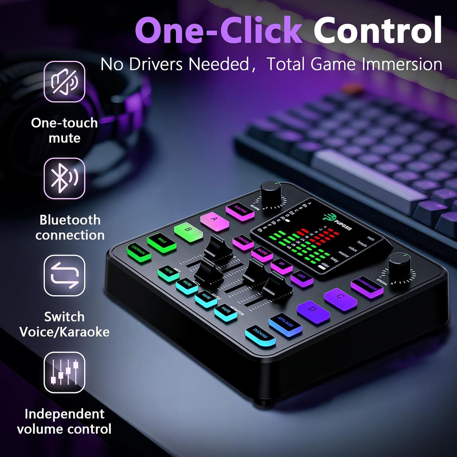 Mezclador de Audio Gaming Pupgsis T12S-B, Cancelación de Ruido, RGB