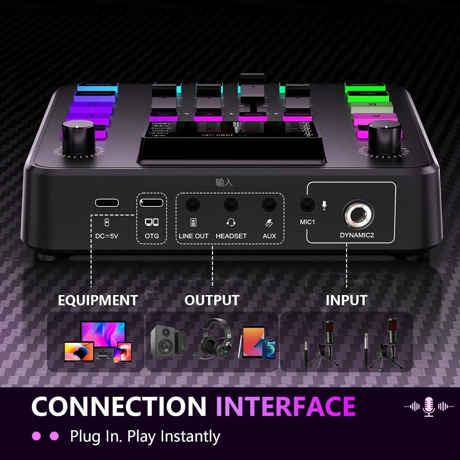 Mezclador de Audio Gaming Pupgsis T12S-B, Cancelación de Ruido, RGB