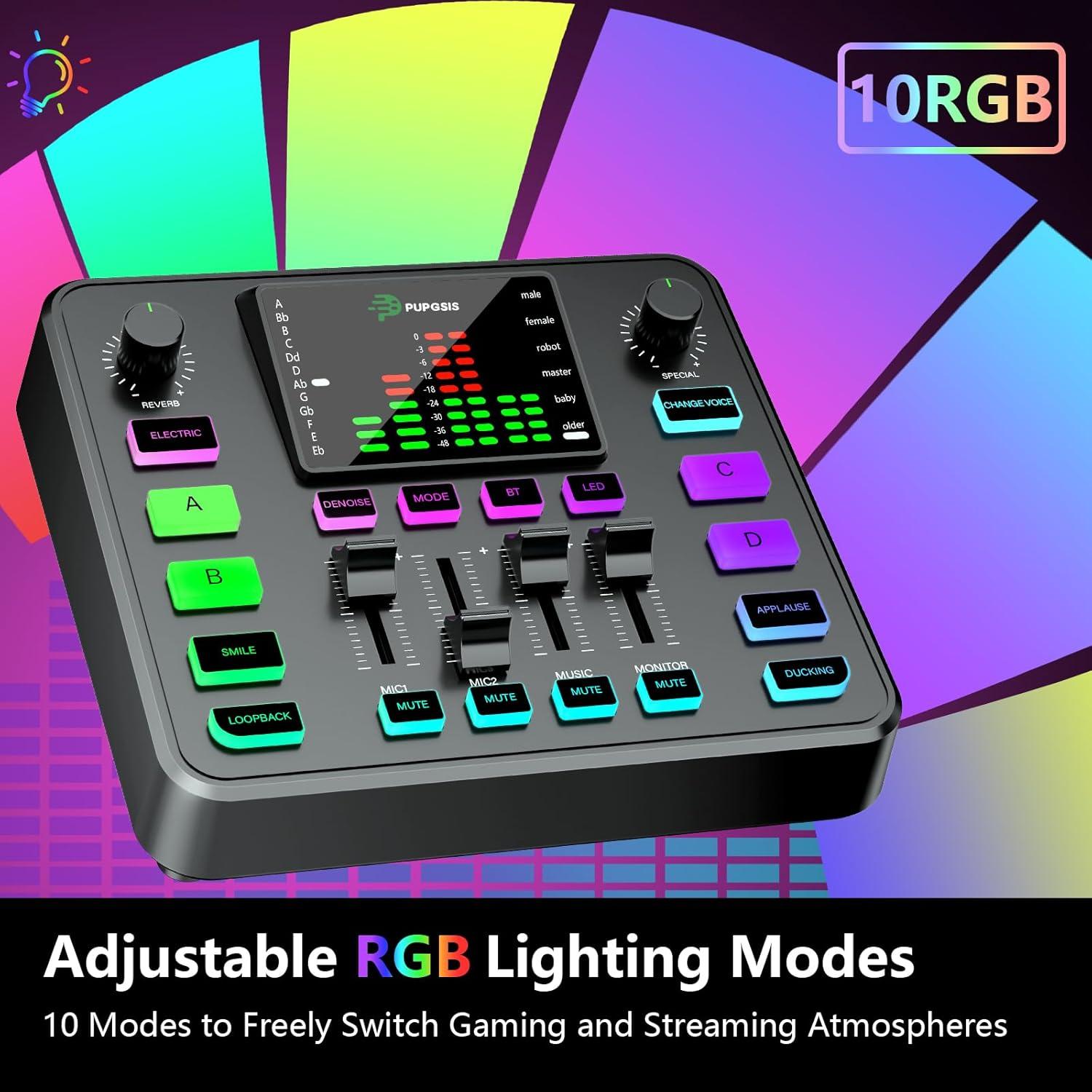 Mezclador de Audio Gaming Pupgsis T12S-B, Cancelación de Ruido, RGB