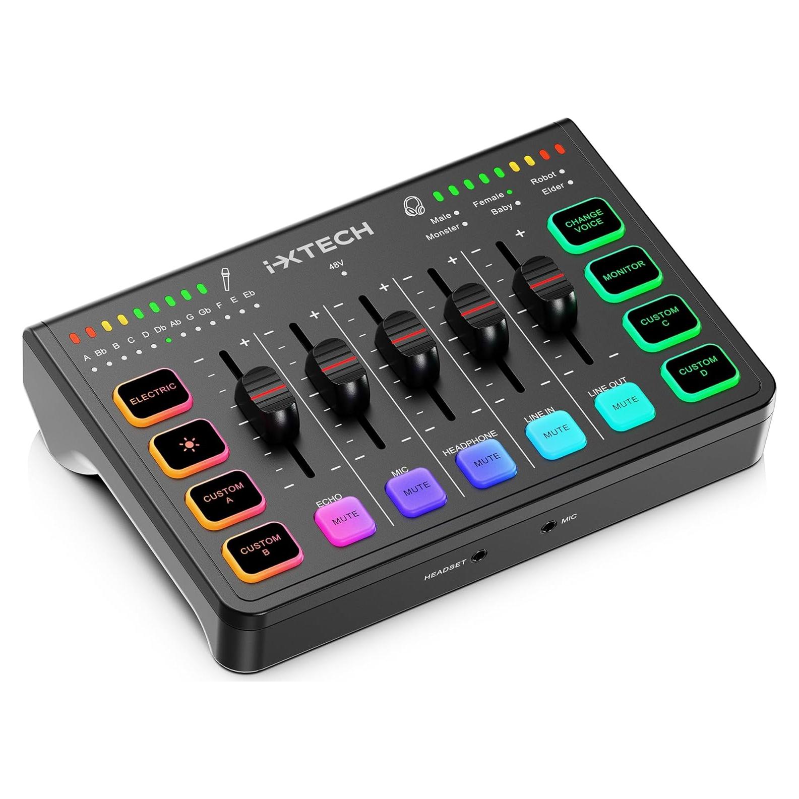 Mezclador de Audio Gaming IXTECH 4 Canales RGB USB C