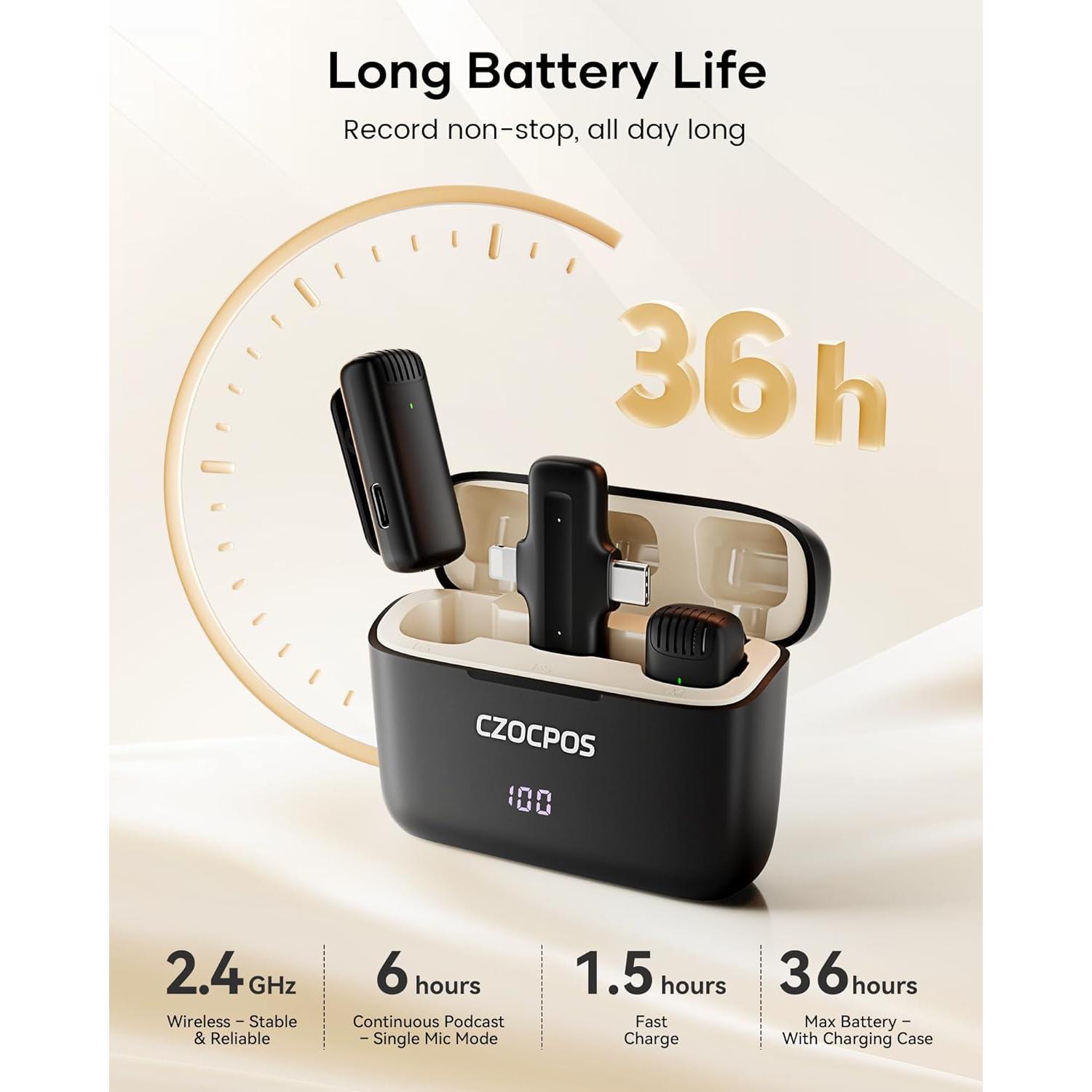 Micrófono Lavalier Inalámbrico CZOCPOS con Estuche, 36H Batería