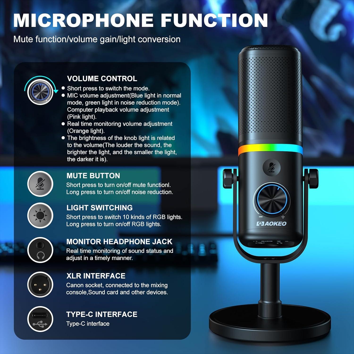 Micrófono Aokeo AK-10 USB/XLR Dinámico para PC con RGB