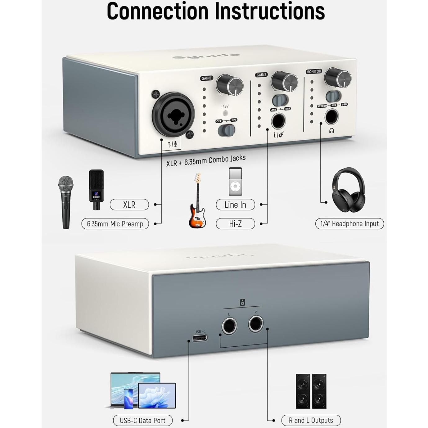 Interfaz de Audio USB C Synido Solo Plata 24bit 48kHz 48V