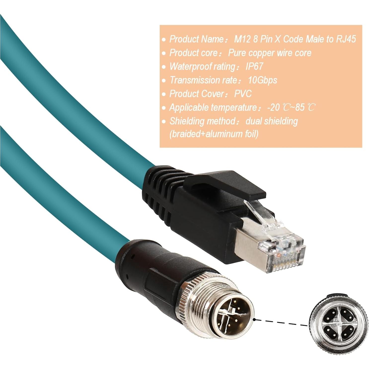 Cable Ethernet M12 X-Codificado 1m a RJ45 CAT6A Blindado