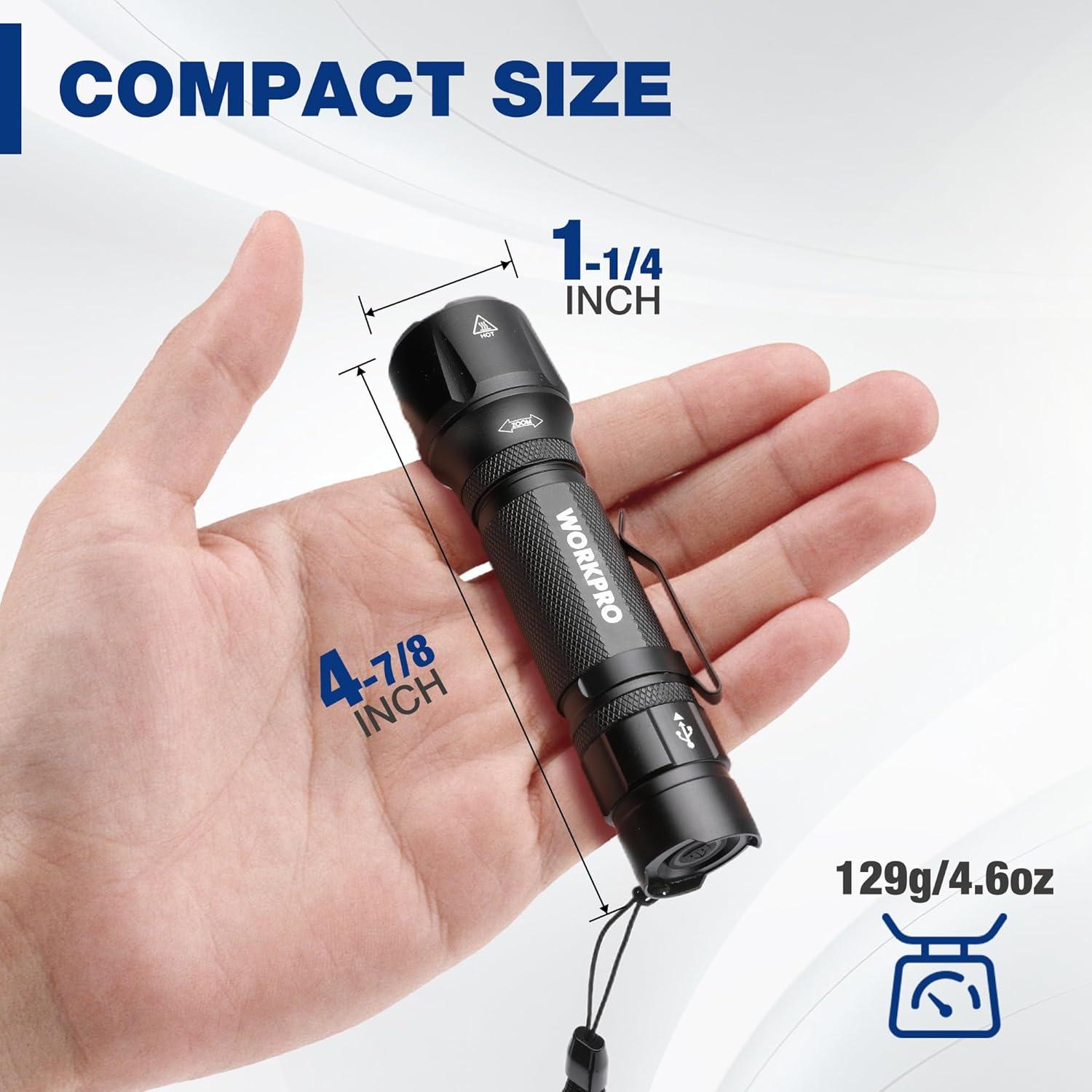 Linterna Táctica WORKPRO 1200LM Recargable Mini EDC 12.4cm