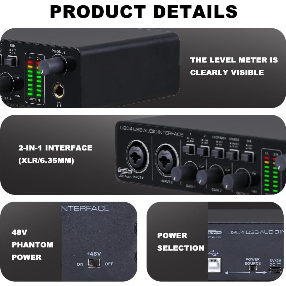 Interfaz de Audio USB BOMGE U204 2x2 para PC y Mac 32Bit/192kHz