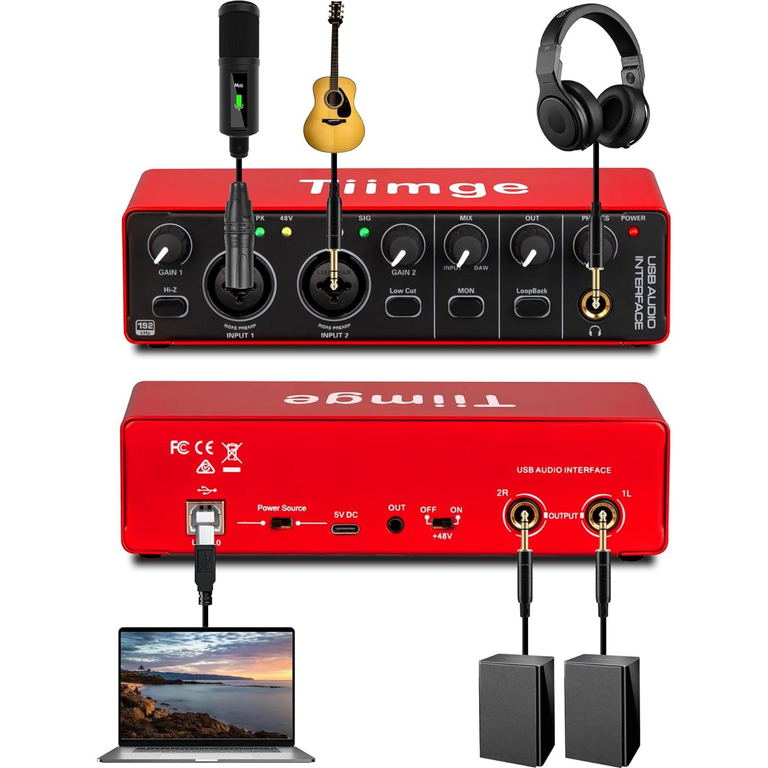 Interfaz de Audio USB 2x2 Tiimge 24Bit/192kHz Phantom 48V