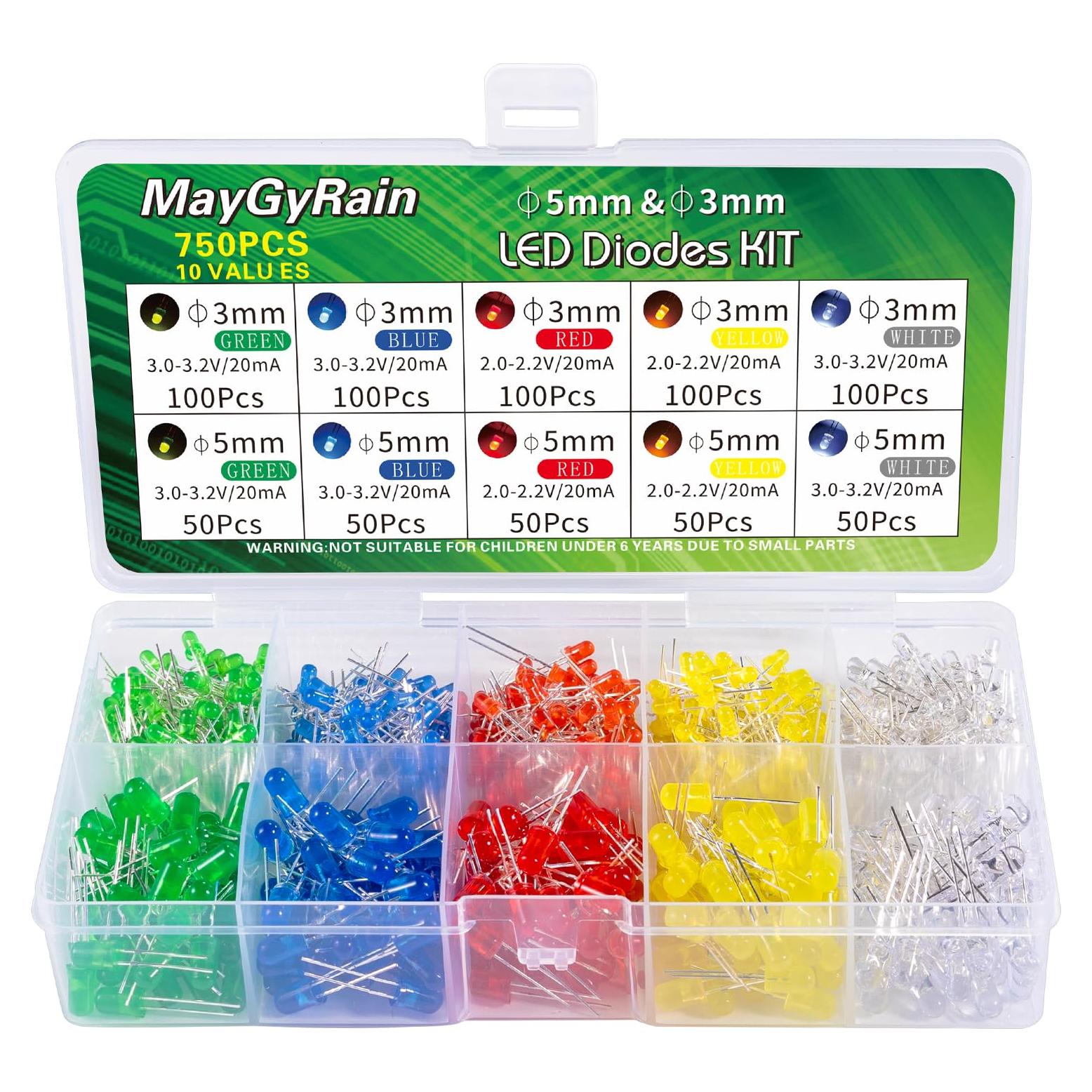 Kit de Diodos LED 3mm y 5mm Maygyrain 750 Piezas 10 Valores