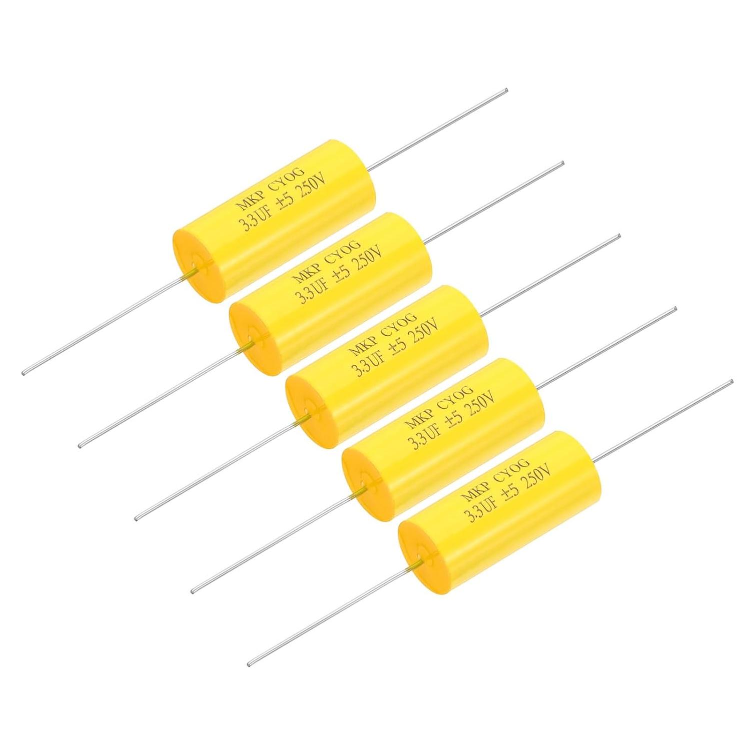 Capacitores CBB20 3.3uF 250V Axiales Amarillos - 5 Pcs