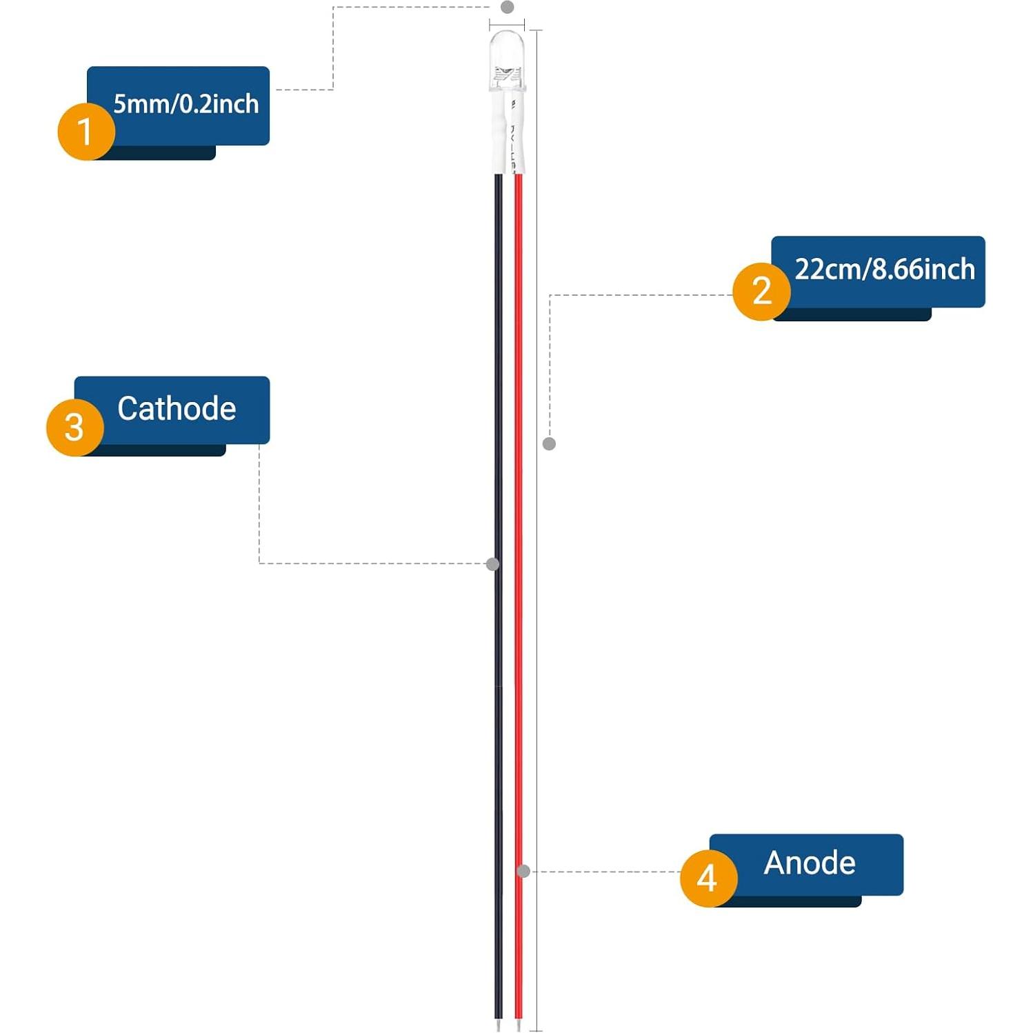 Diodos LED Pre Cableados 12V 5MM OWOFYDR - 50 Pcs Blancos