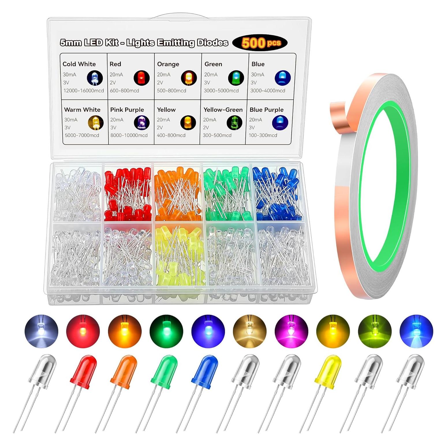 Kit 500 LEDs 5mm Multicolores + Cinta Adhesiva Cobre 5m