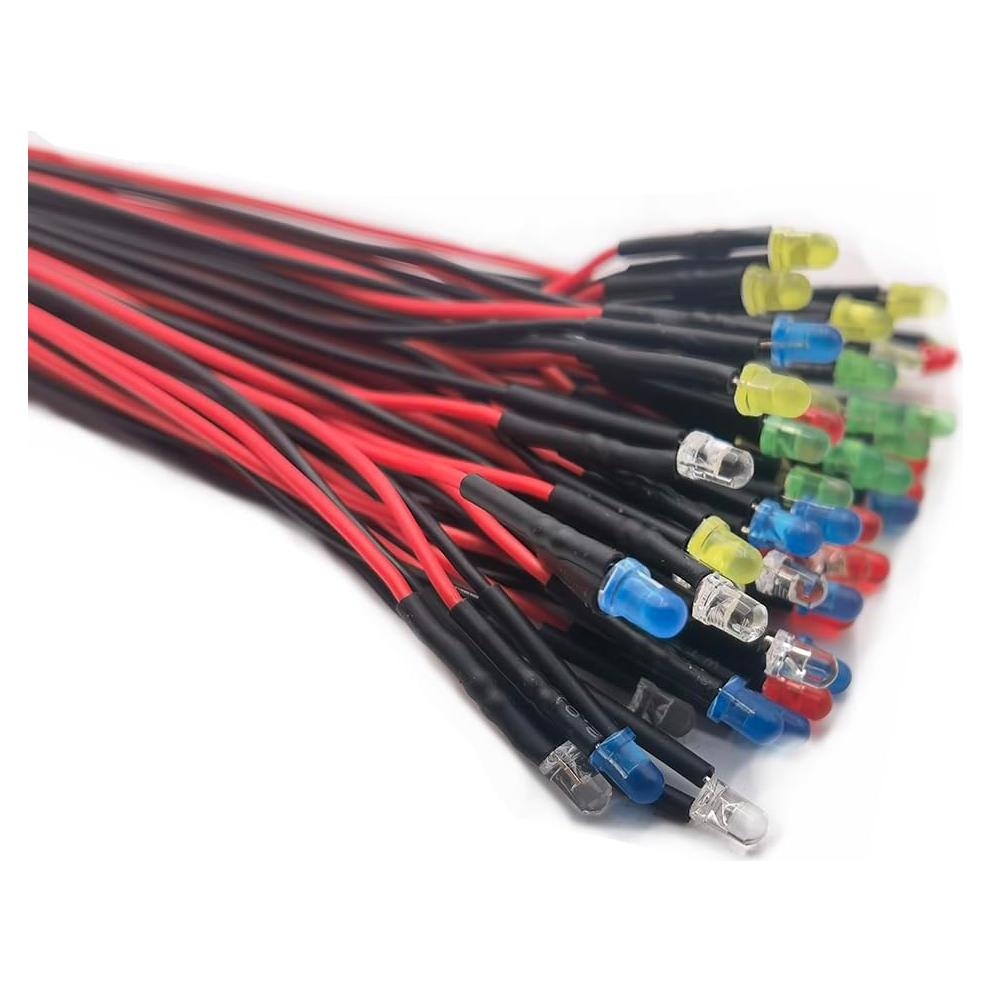 Kit 50 LEDs 12V Pre Cableados 3mm Difusos - 5 Colores