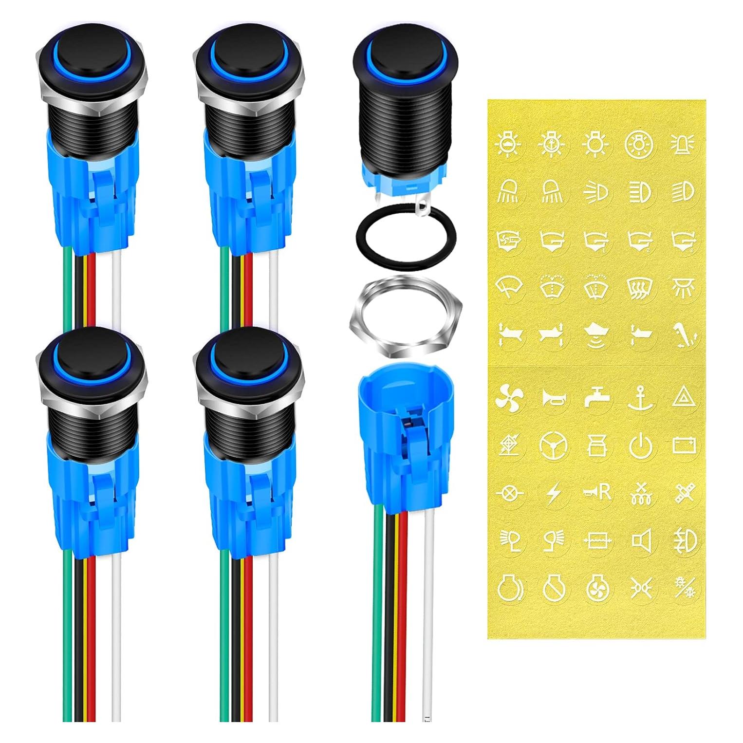 Interruptor de Botón de Presión DaierTek 12V LED Azul IP65 16mm - 5 Pack