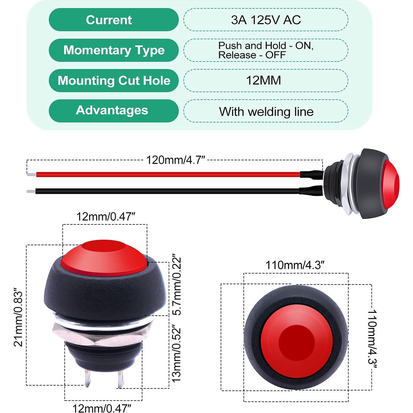 Interruptor de Botón Momentáneo Twidec Rojo 12mm 2 Pcs
