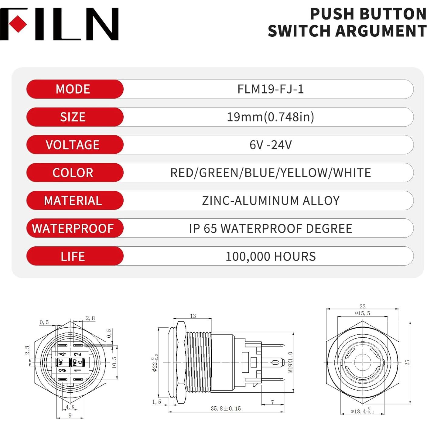 Interruptor de Botón de Presión FILN 19mm 12V-24V IP65 Rojo
