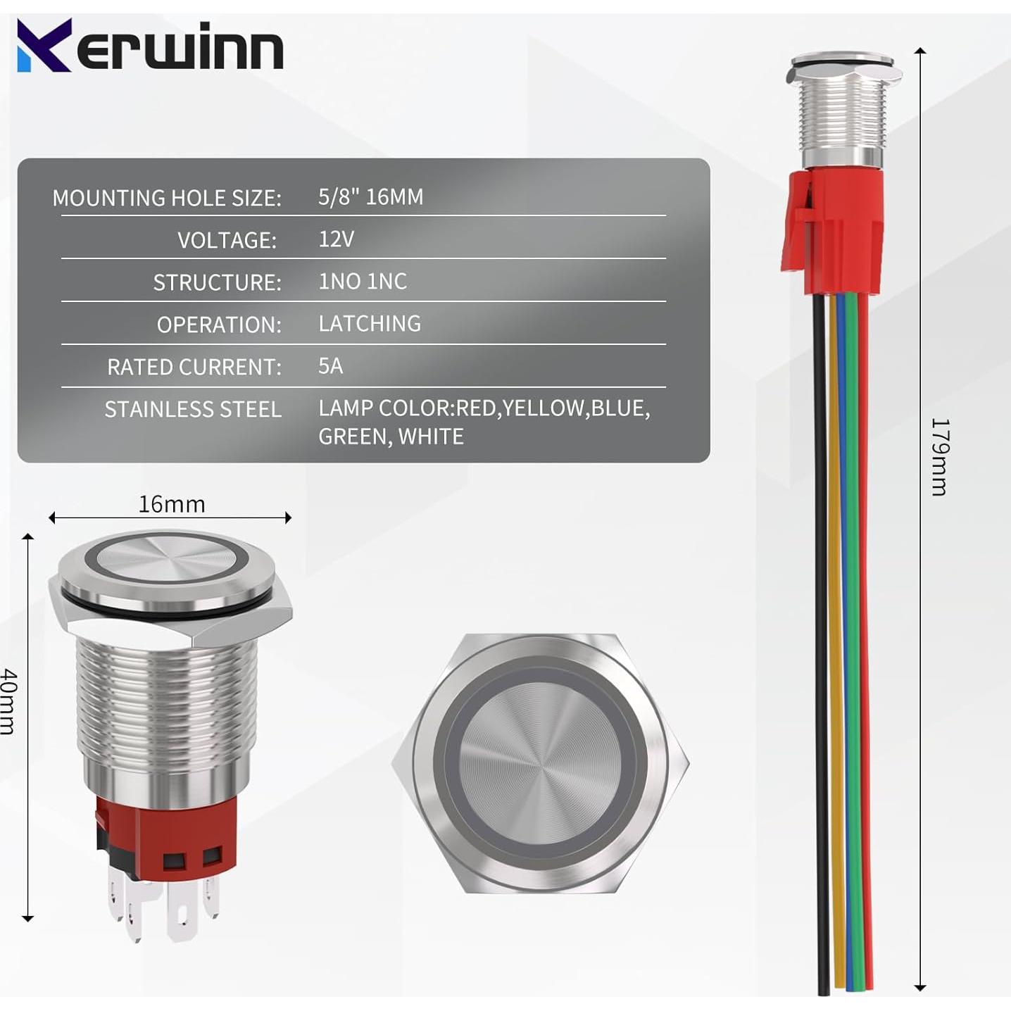 Interruptor pulsador 16mm KERWINN 12V 1NO 1NC con luz