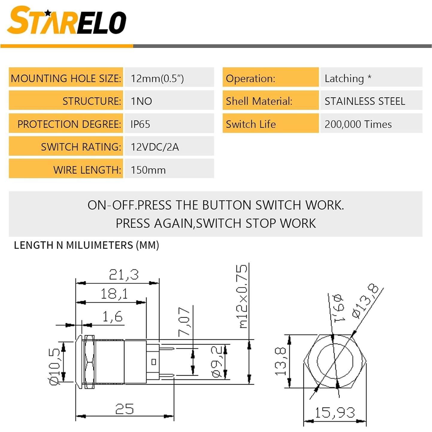 Interruptor de Botón de Presión STARELO 12mm IP65 5pcs