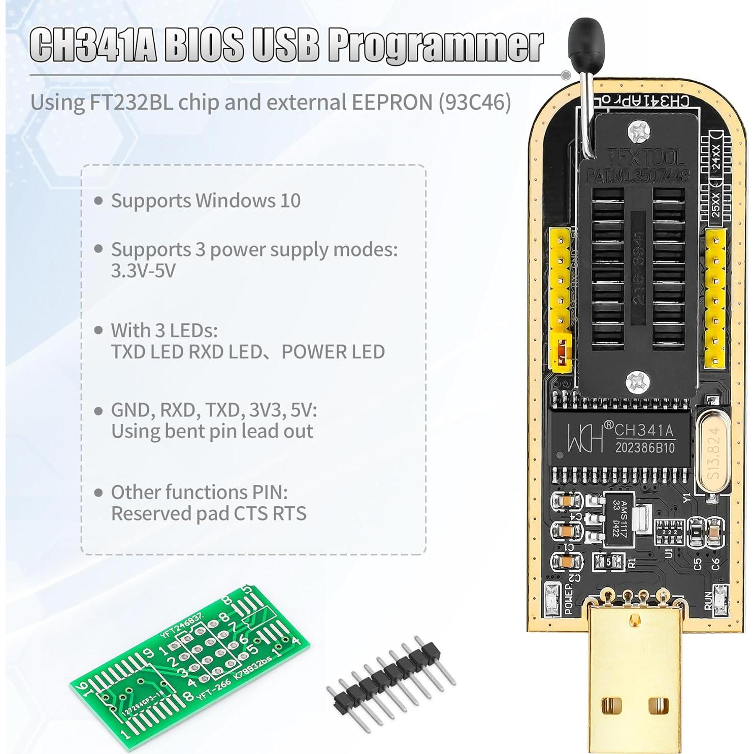 Programador BIOS USB CH341A con Clip SOP8 Doble - 24/25/93C46