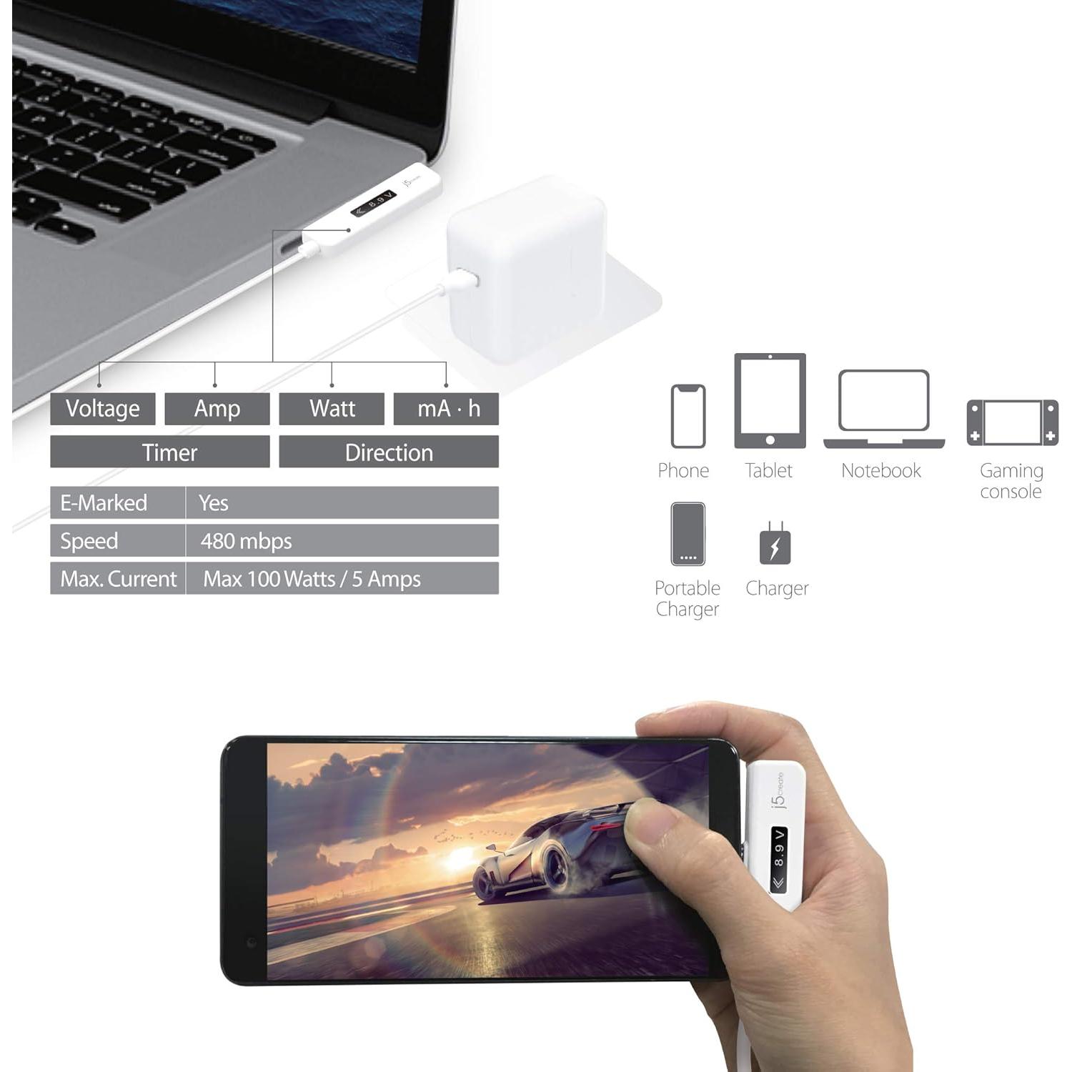 Cable USB-C a USB-C 2.0 j5create 1.22m con Medidor de Potencia