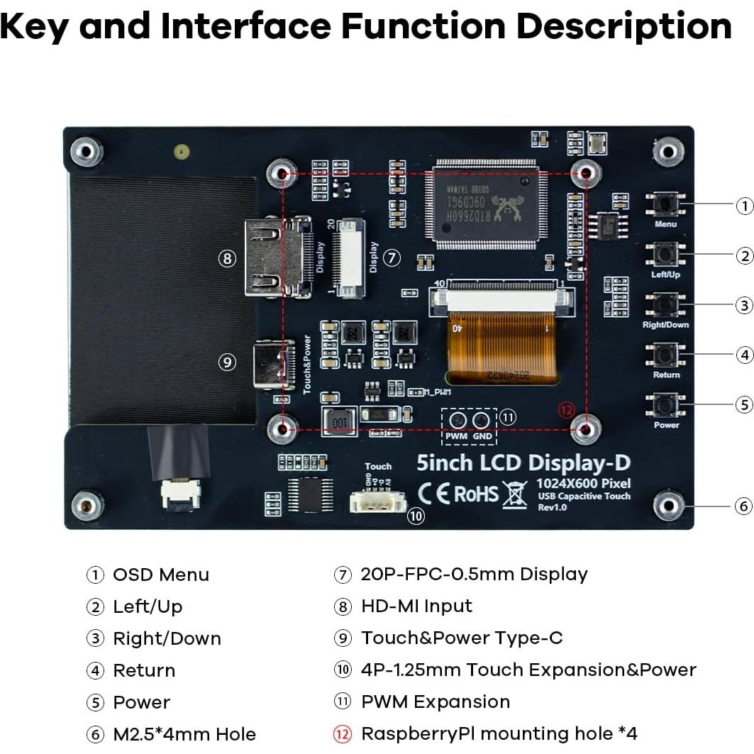 Pantalla Táctil IPS 5" 1024x600 HDMI para Raspberry Pi y PC