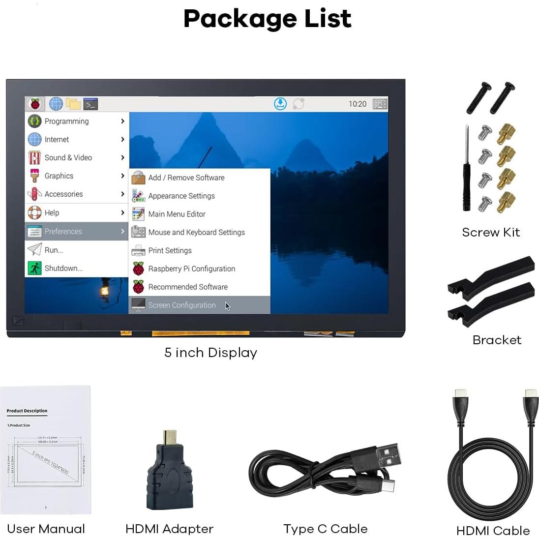 Pantalla Táctil IPS 5" 1024x600 HDMI para Raspberry Pi y PC