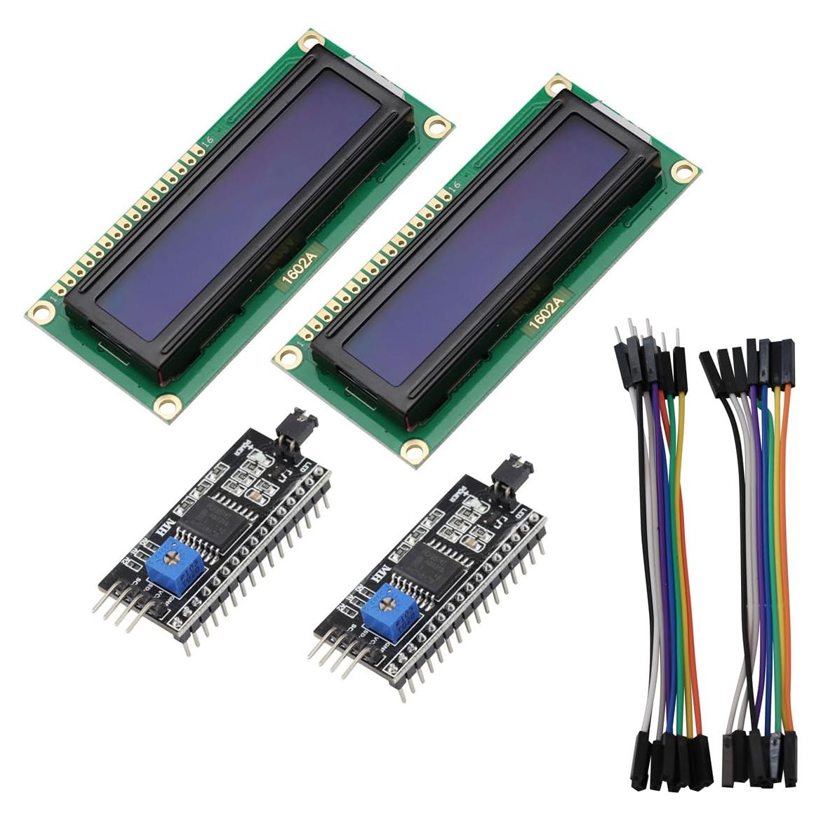 2 Módulos LCD 1602 Azul + 2 Interfaz I2C 8P Macho/Hembra