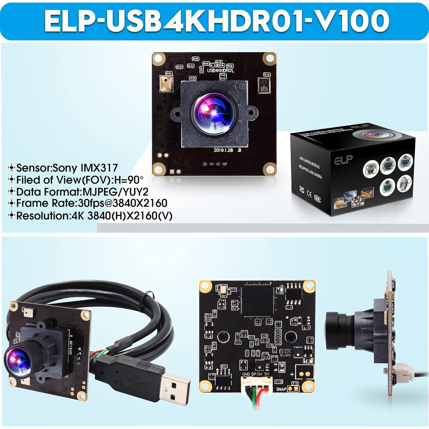 Cámara USB 4K ELP IMX317 con Micrófono Doble 100°