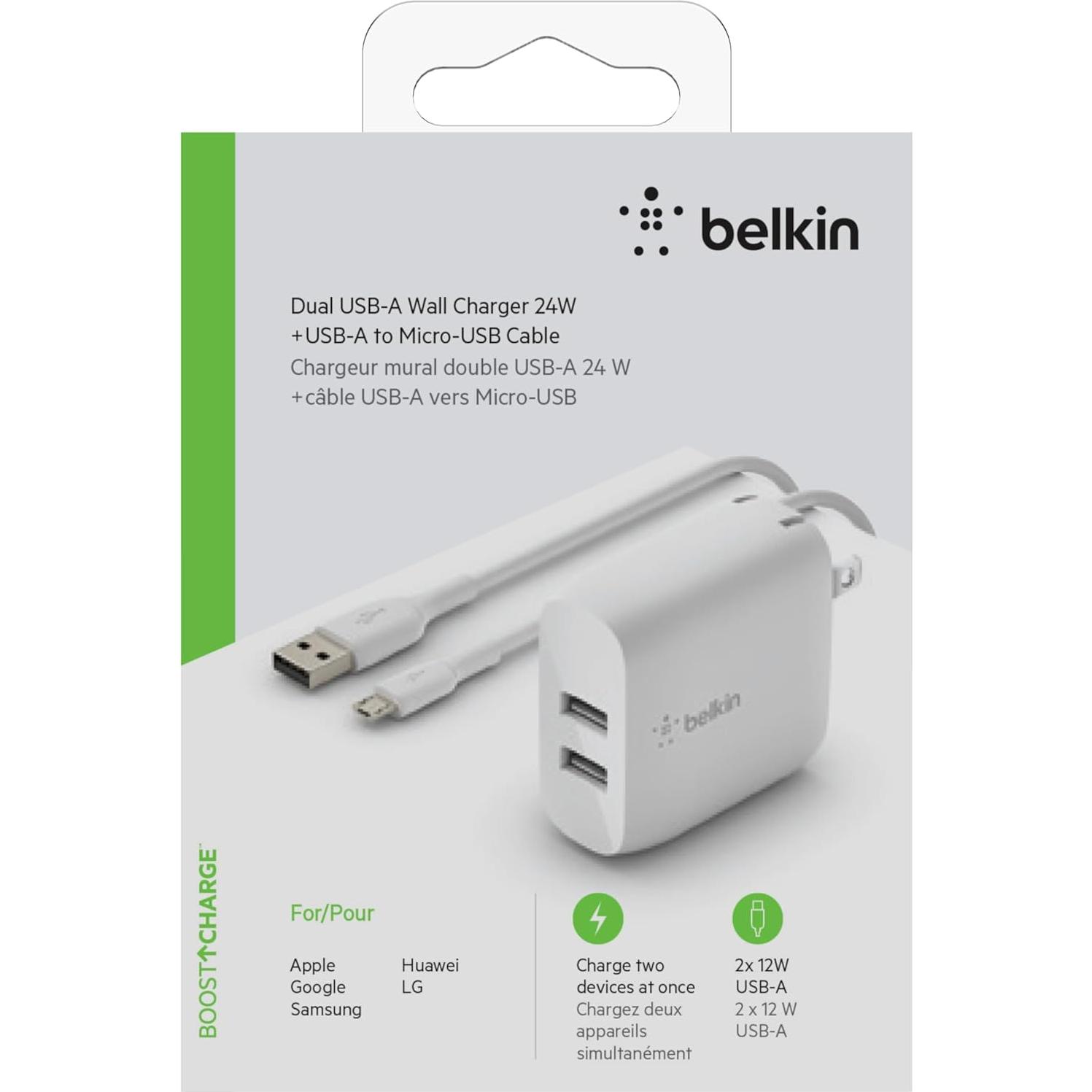 Cargador de Pared USB Doble Belkin 24W con Cable Micro USB