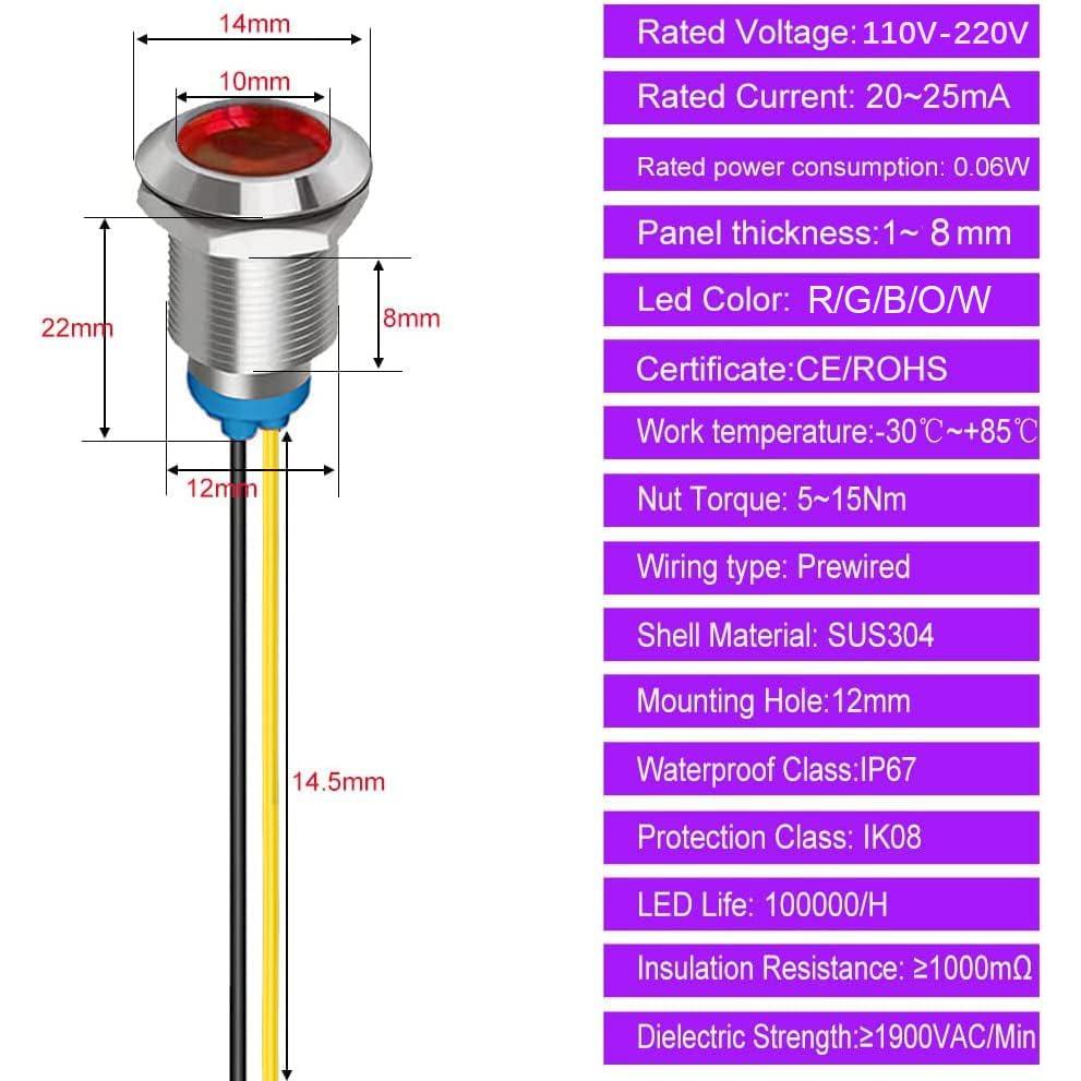5 Piezas Luz Indicadora LED 10mm Gebildet Multicolor IP65