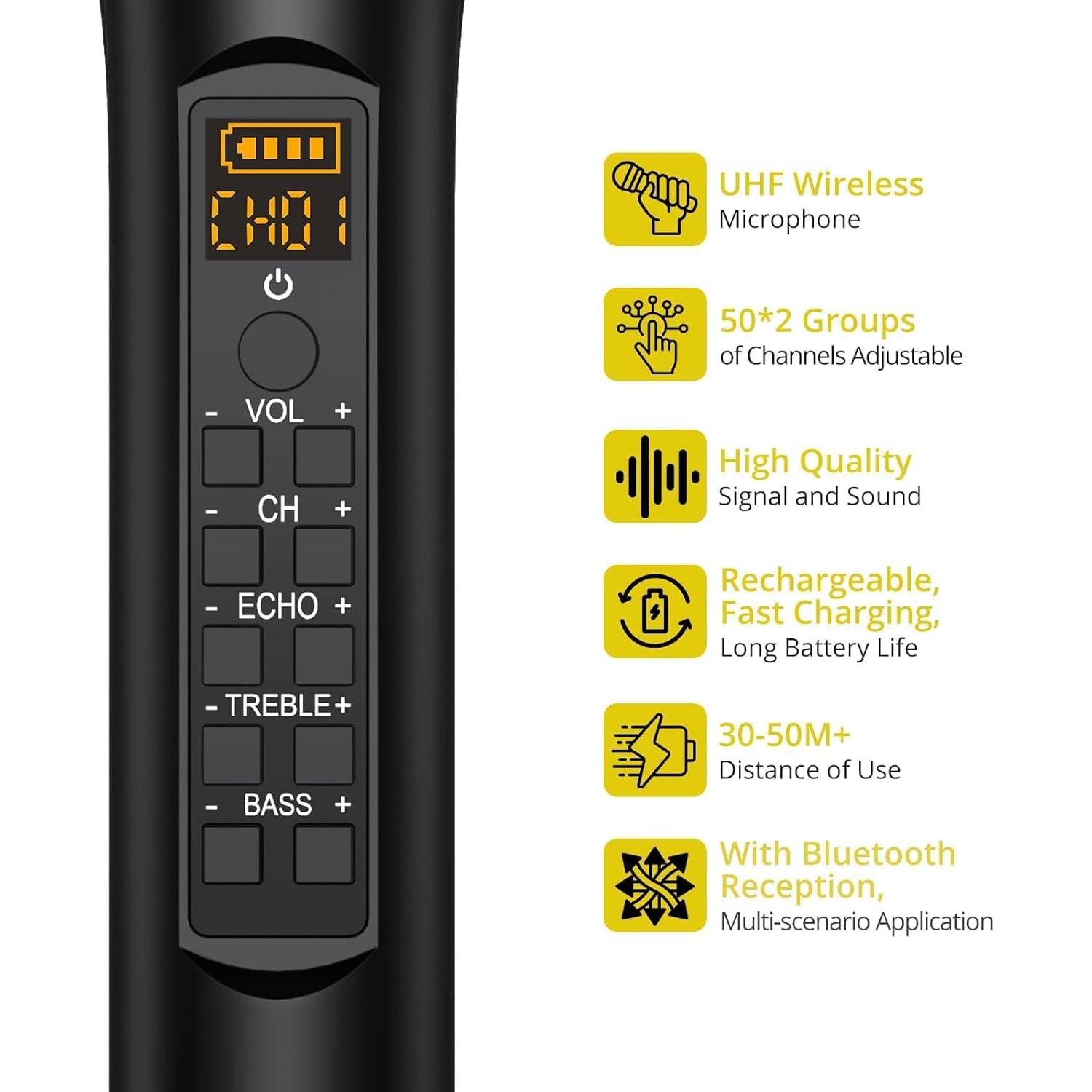 Micrófono Inalámbrico UHF PROZOR Doble de Mano Recargable