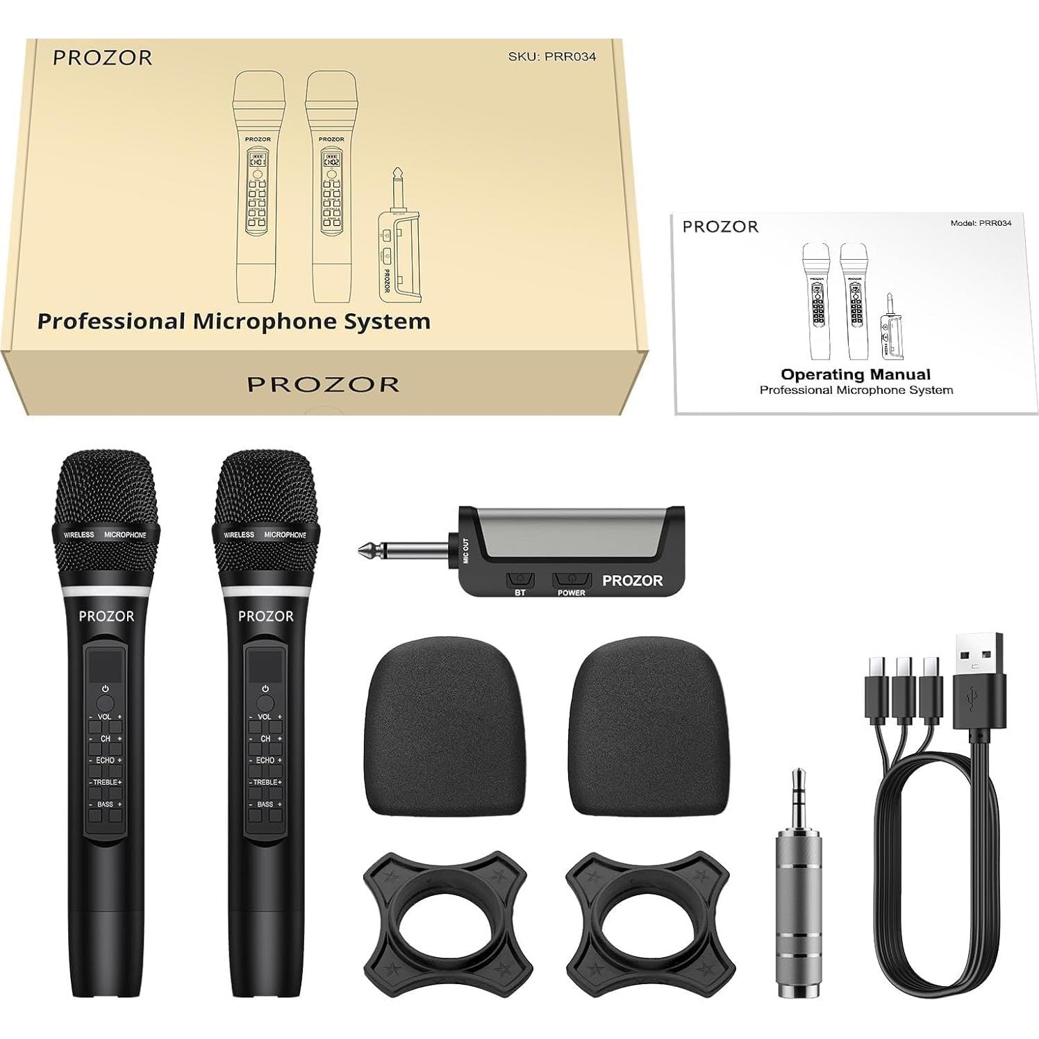 Micrófono Inalámbrico UHF PROZOR Doble de Mano Recargable