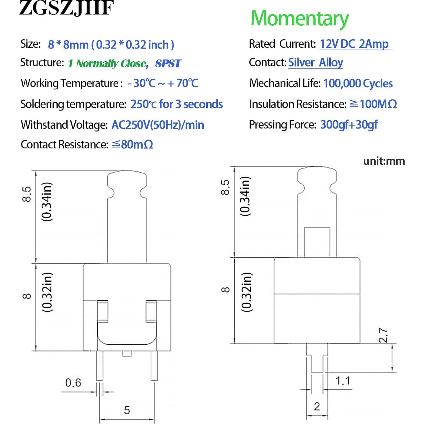 Interruptor Momentáneo 2A ZGSZJHF 8x8mm 25 Piezas