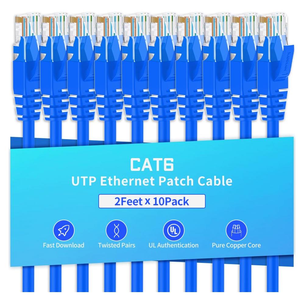 Cable Ethernet Cat6 0.61m RJ45 Azul - Paquete de 10 Unidades