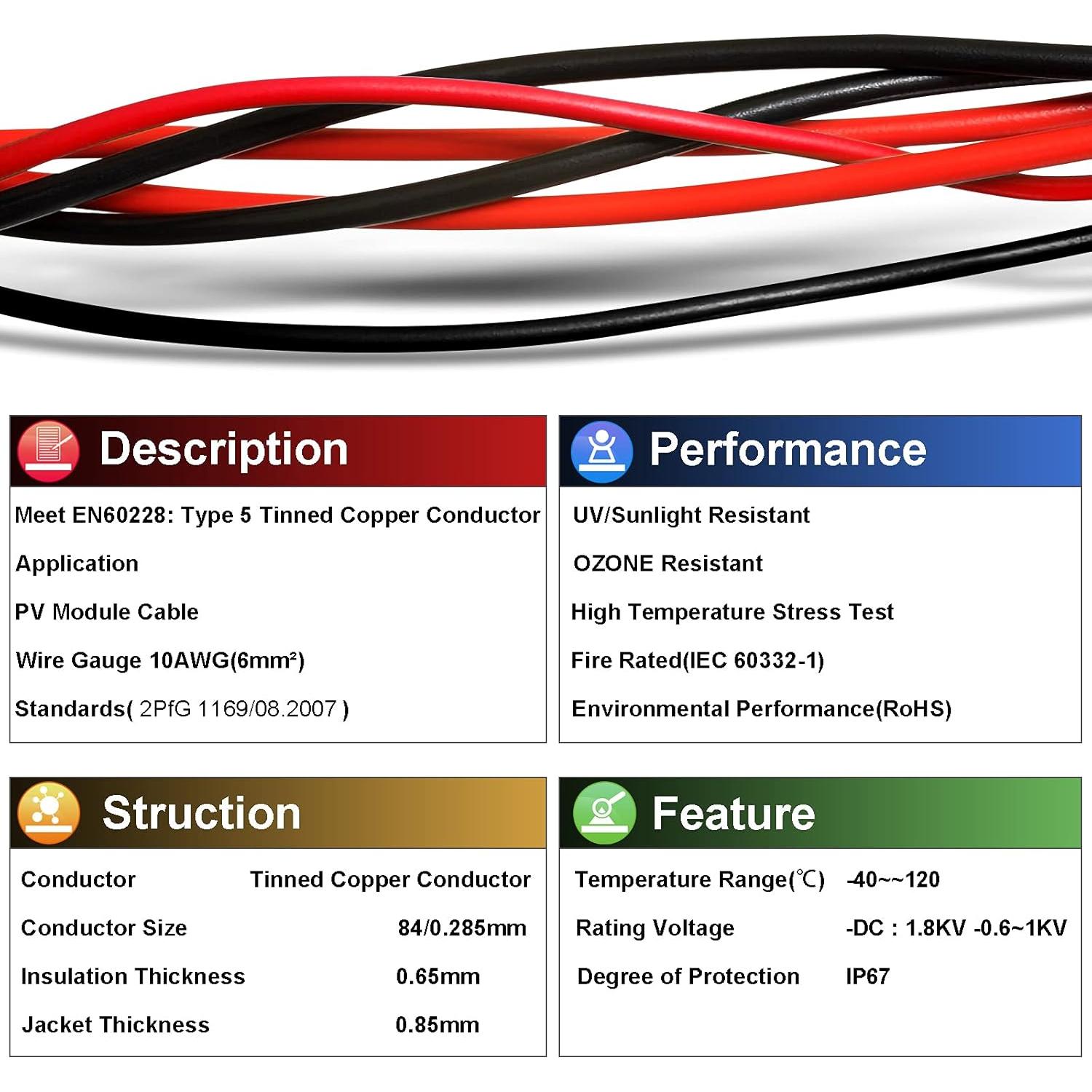 Cable Solar 10 AWG iGreely 30 pies Negro y Rojo Cobre Estañado