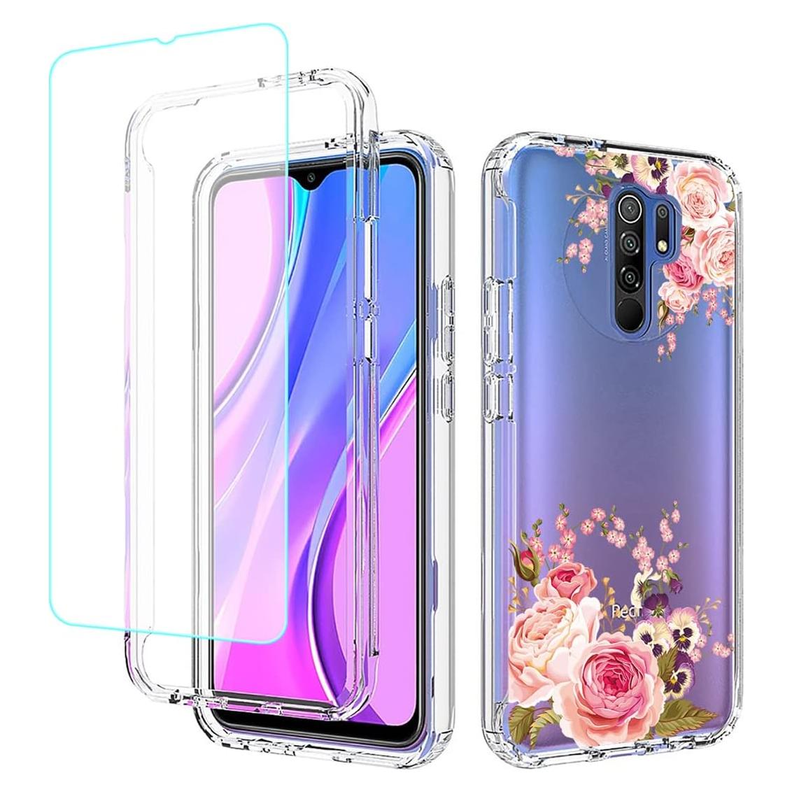 Funda Dura con Protector Xiaomi Redmi 9/9 Prime/Poco M2 Floral Rosa