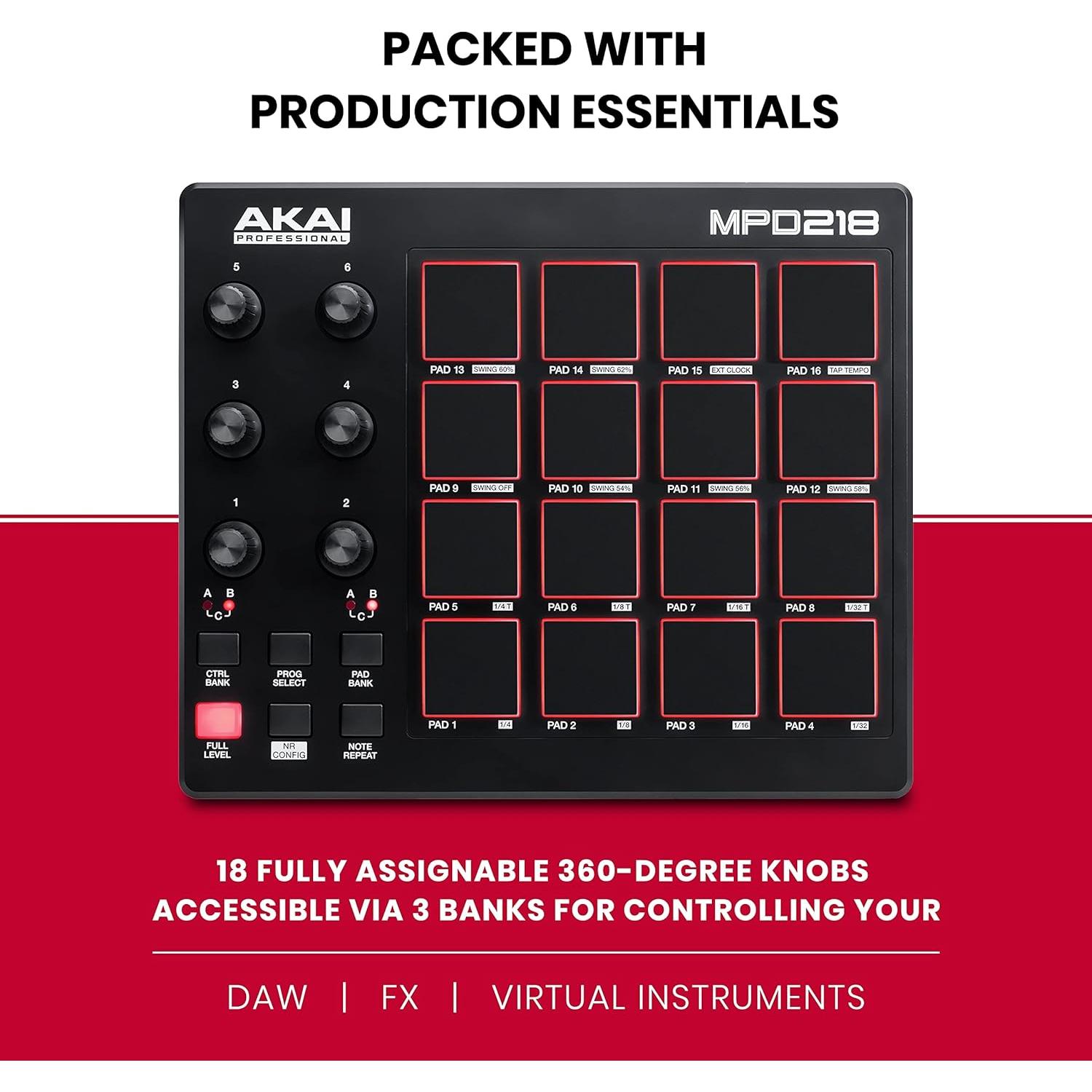 Controlador MIDI AKAI MPD218 con 16 Pads y USB