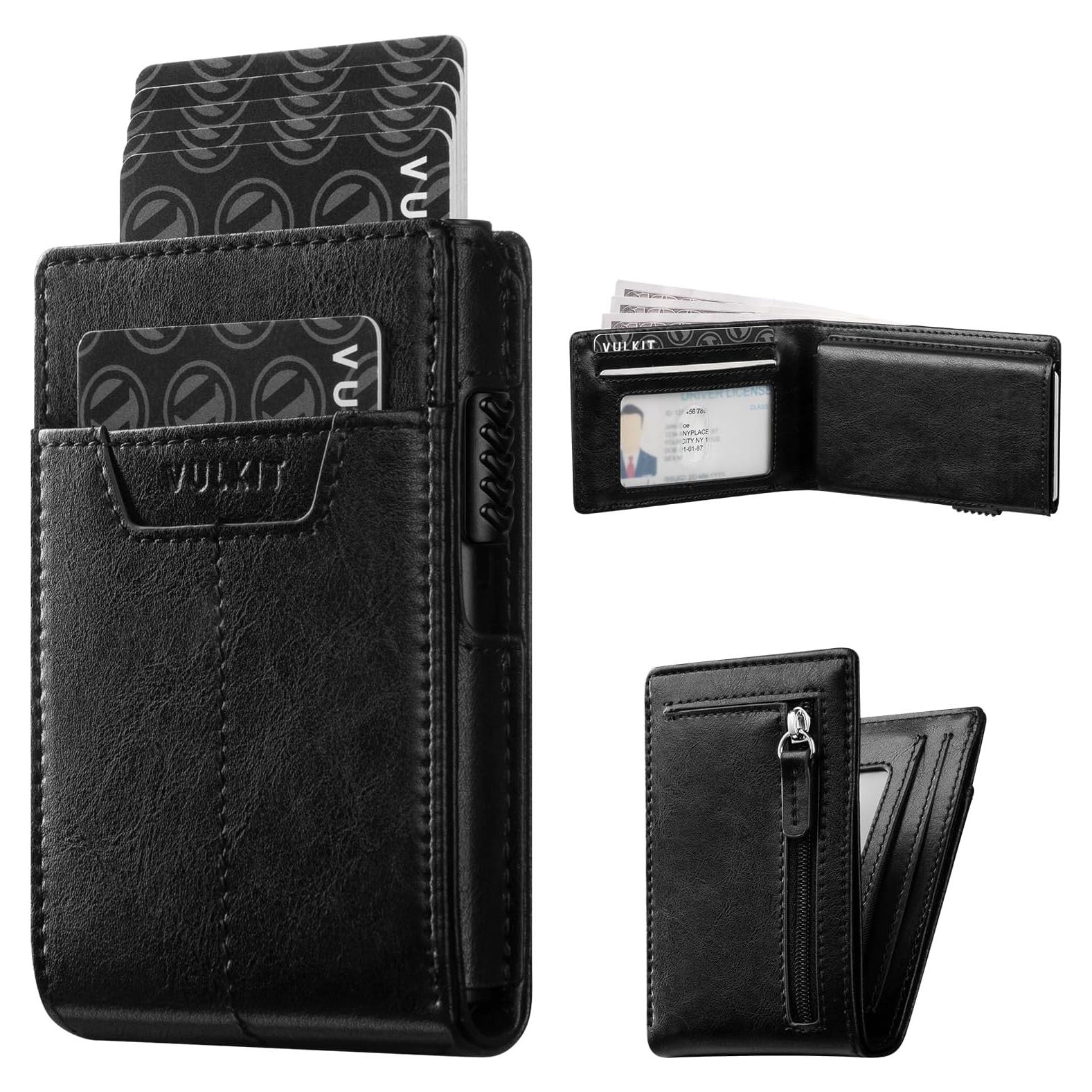 Billetera Minimalista VULKIT Negra de Cuero y Aluminio RFID