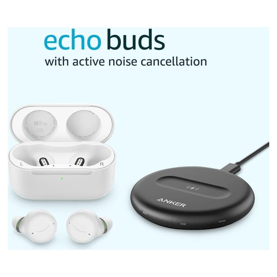 Amazon Echo Buds with Active Noise Cancellation (newest model), Wireless earbuds and Alexa, Wireless charging case and made for Amazon wireless charging pad, Glacier White