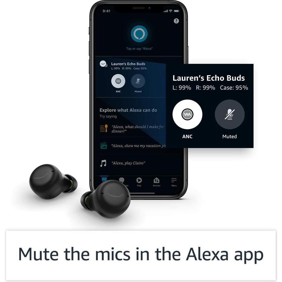 Amazon Echo Buds with Active Noise Cancellation (newest model), Wireless earbuds and Alexa, Wireless charging case and made for Amazon wireless charging pad, Glacier White