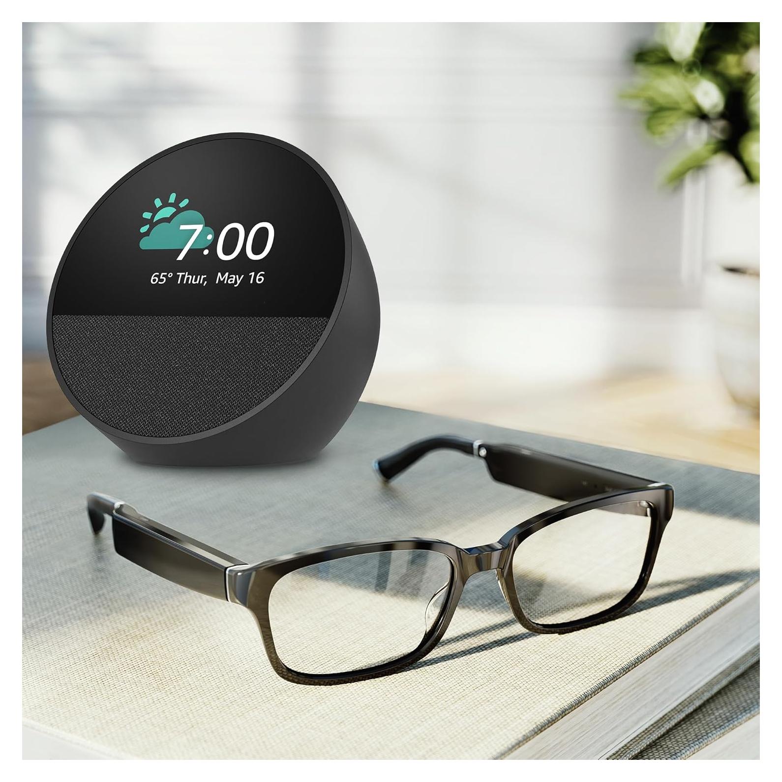 Amazon Echo Frames (newest model) + Echo Spot (newest model), Smart Glasses with Alexa, Rectangle frames in Classic Black with prescription ready lenses