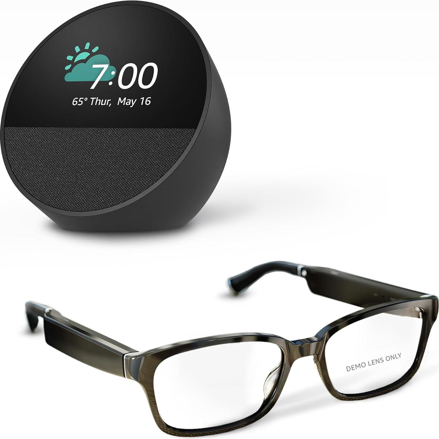 Amazon Echo Frames (newest model) + Echo Spot (newest model), Smart Glasses with Alexa, Rectangle frames in Classic Black with prescription ready lenses