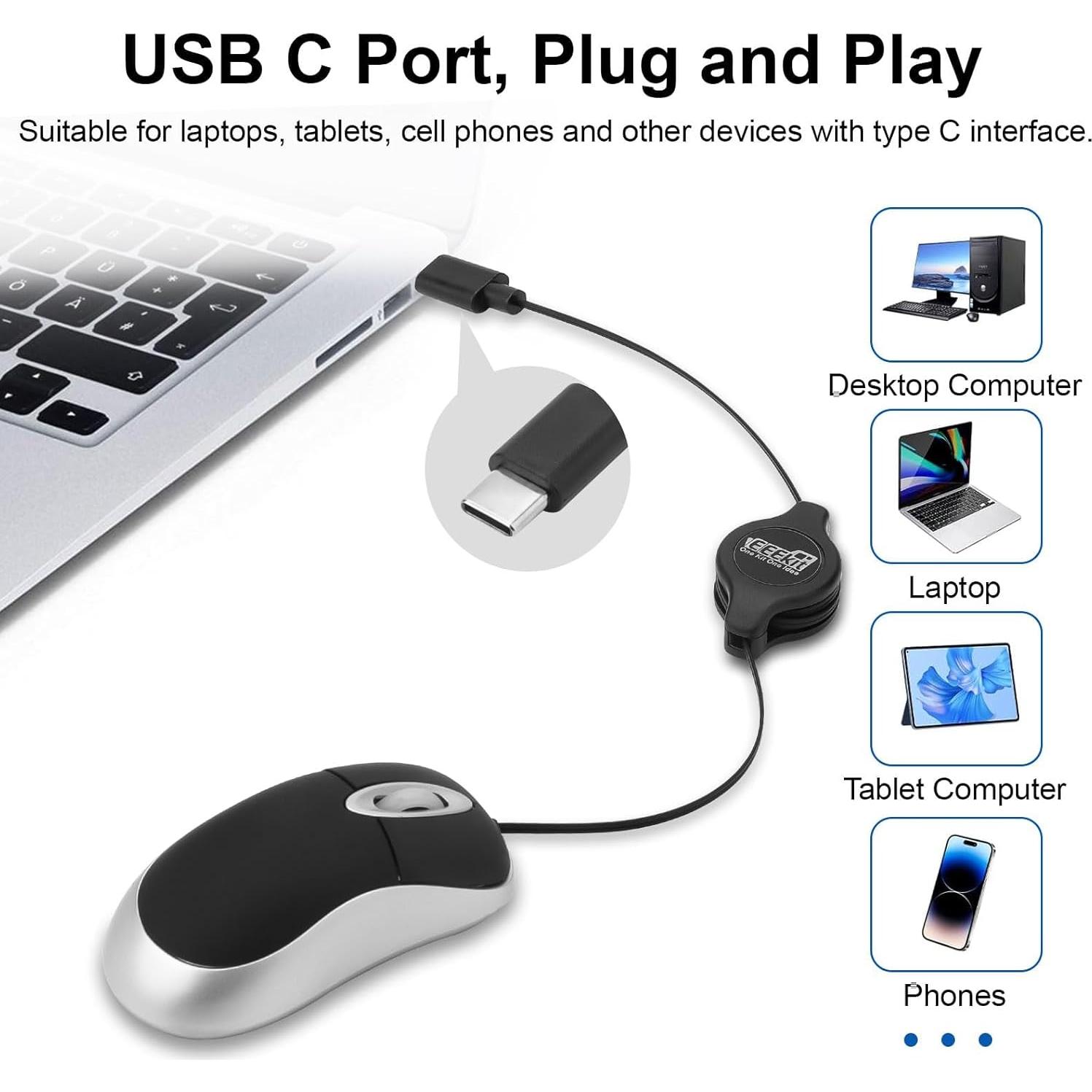 EEEKit Mini Ratón USB-C con Cable Retráctil 1600 DPI Negro