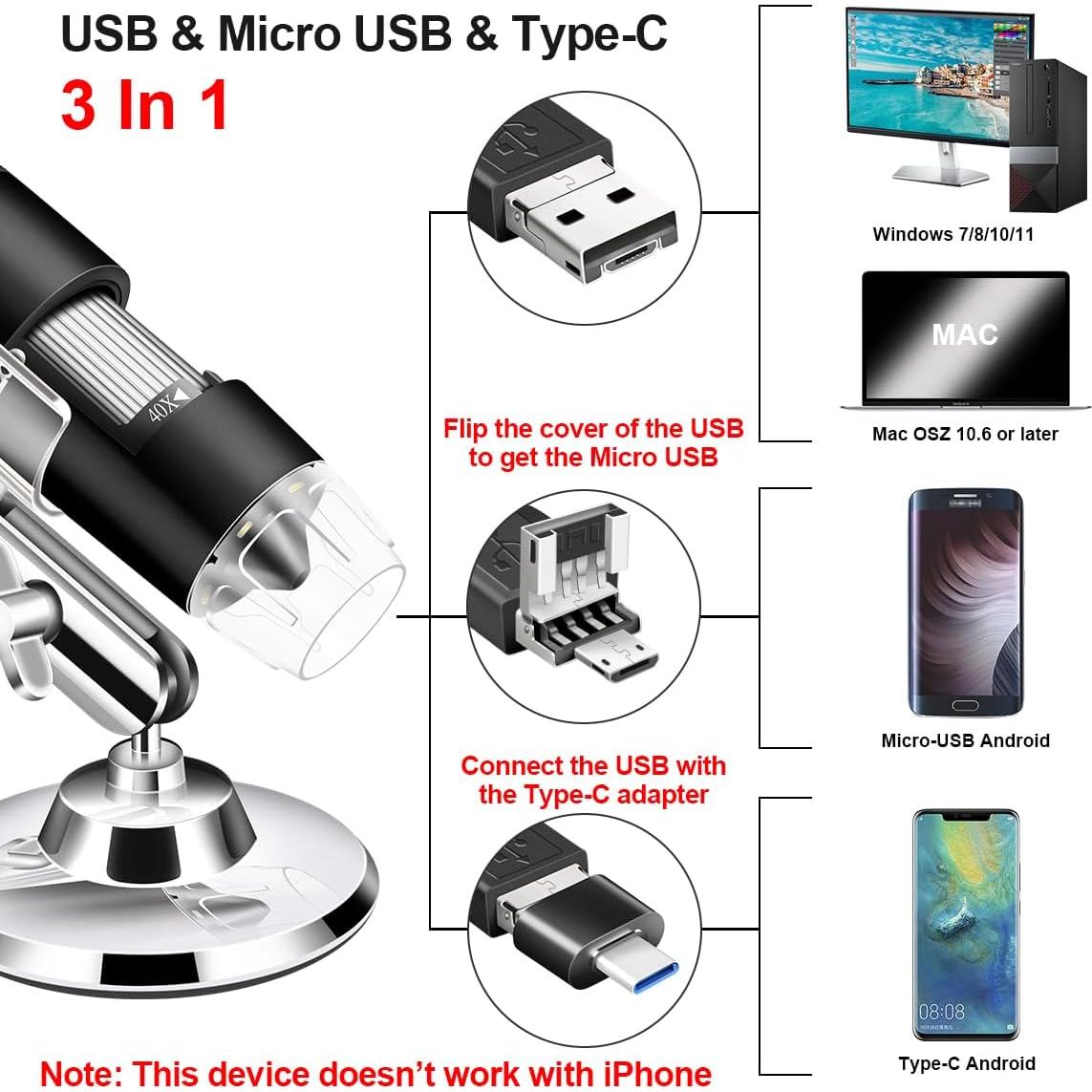 Microscopio Digital USB Cainda X10 con Soporte y Estuche