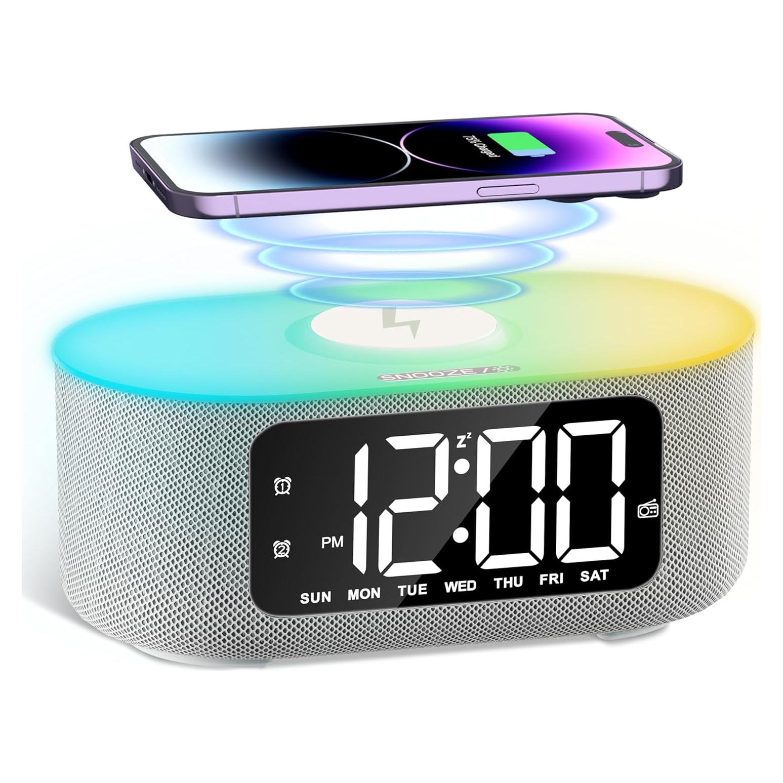 Reloj Despertador JALL Gris con Bluetooth, Carga Inalámbrica 10W