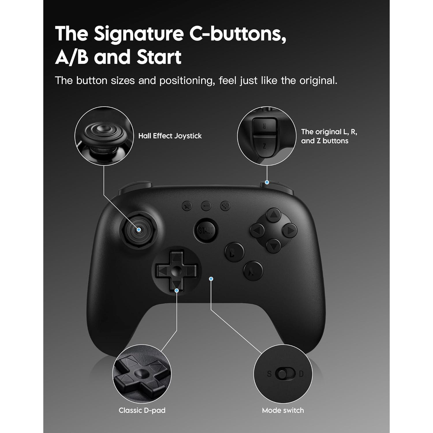 Controlador Bluetooth 8Bitdo 64 para Switch y Windows - Negro