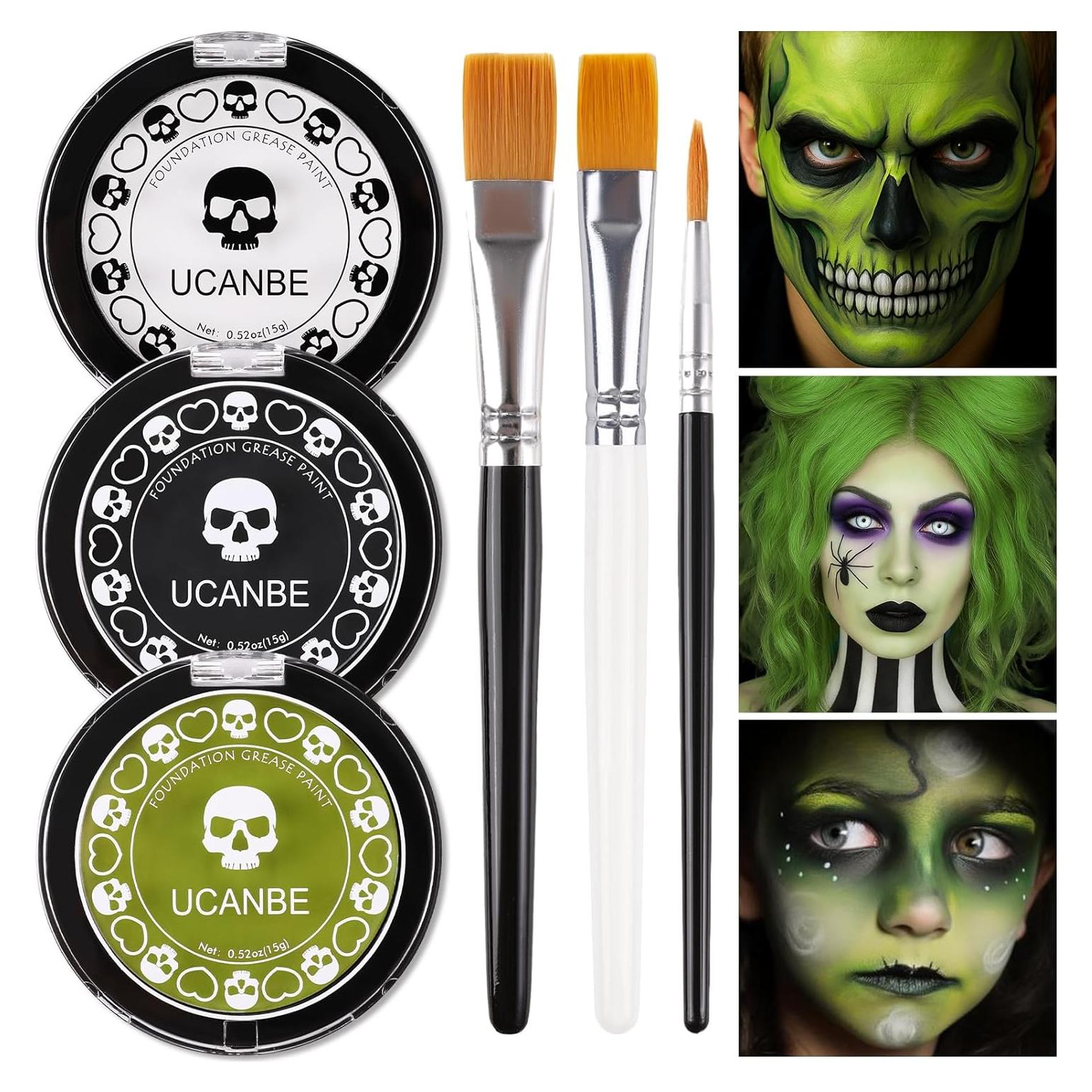 Kit de Pintura Facial UCANBE - Base Blanca, Verde y Negra con Pinceles