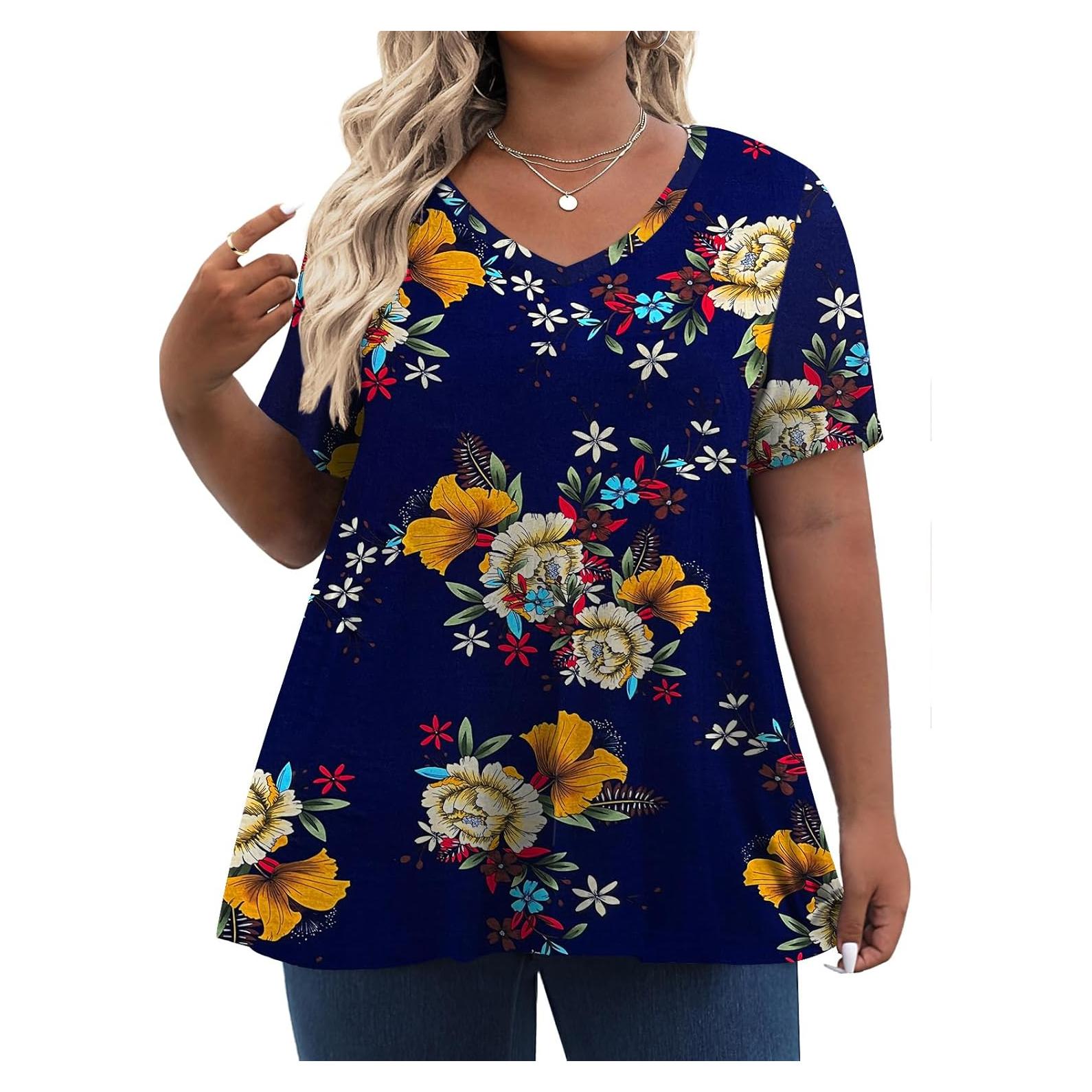 Camiseta Tencede Talla Grande Mujer V Cuello Floral 3XL