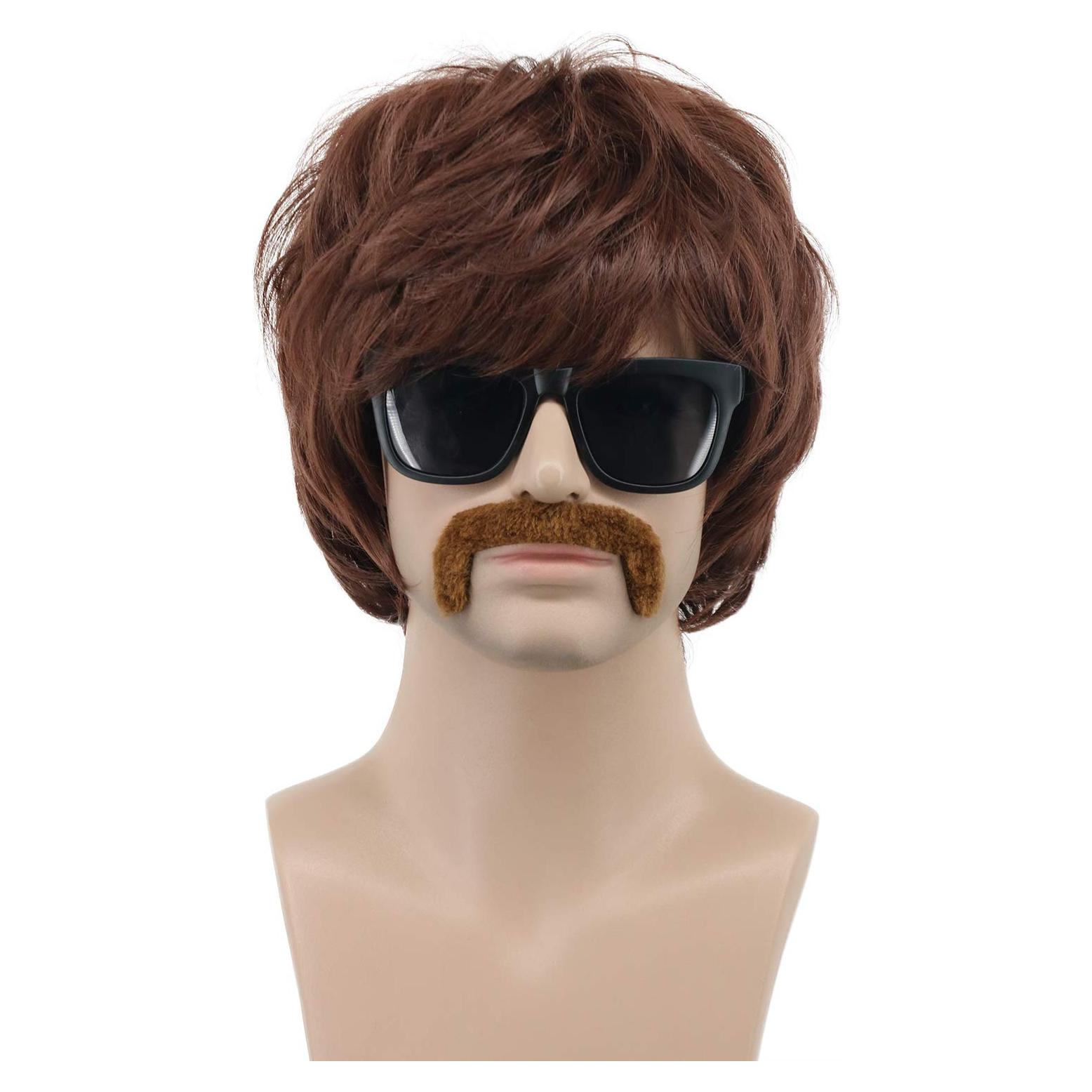 Peluca Disco para Hombres VGbeaty Marrón con Bigote 22.86 cm