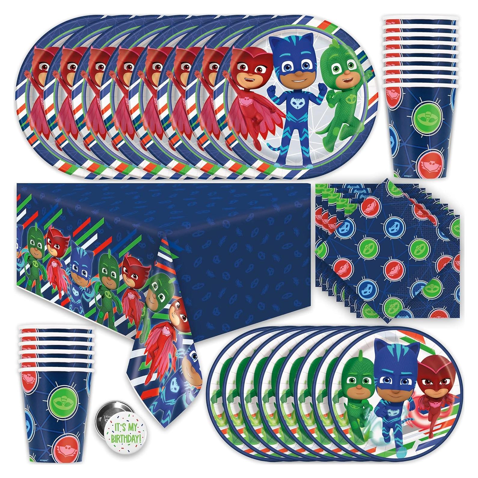 Kit de Fiesta de Cumpleaños PJ Masks - 16 Invitados, Decoraciones y Vajilla