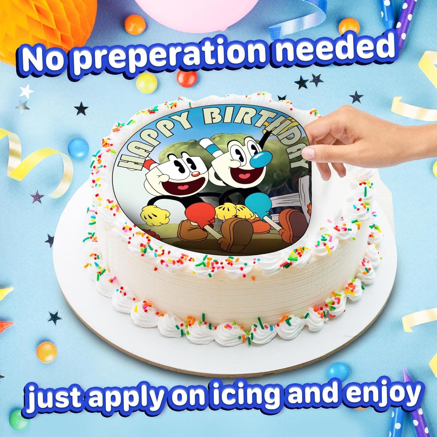 Toppers de pastel comestibles Cuphead 19 cm - Feliz Cumpleaños